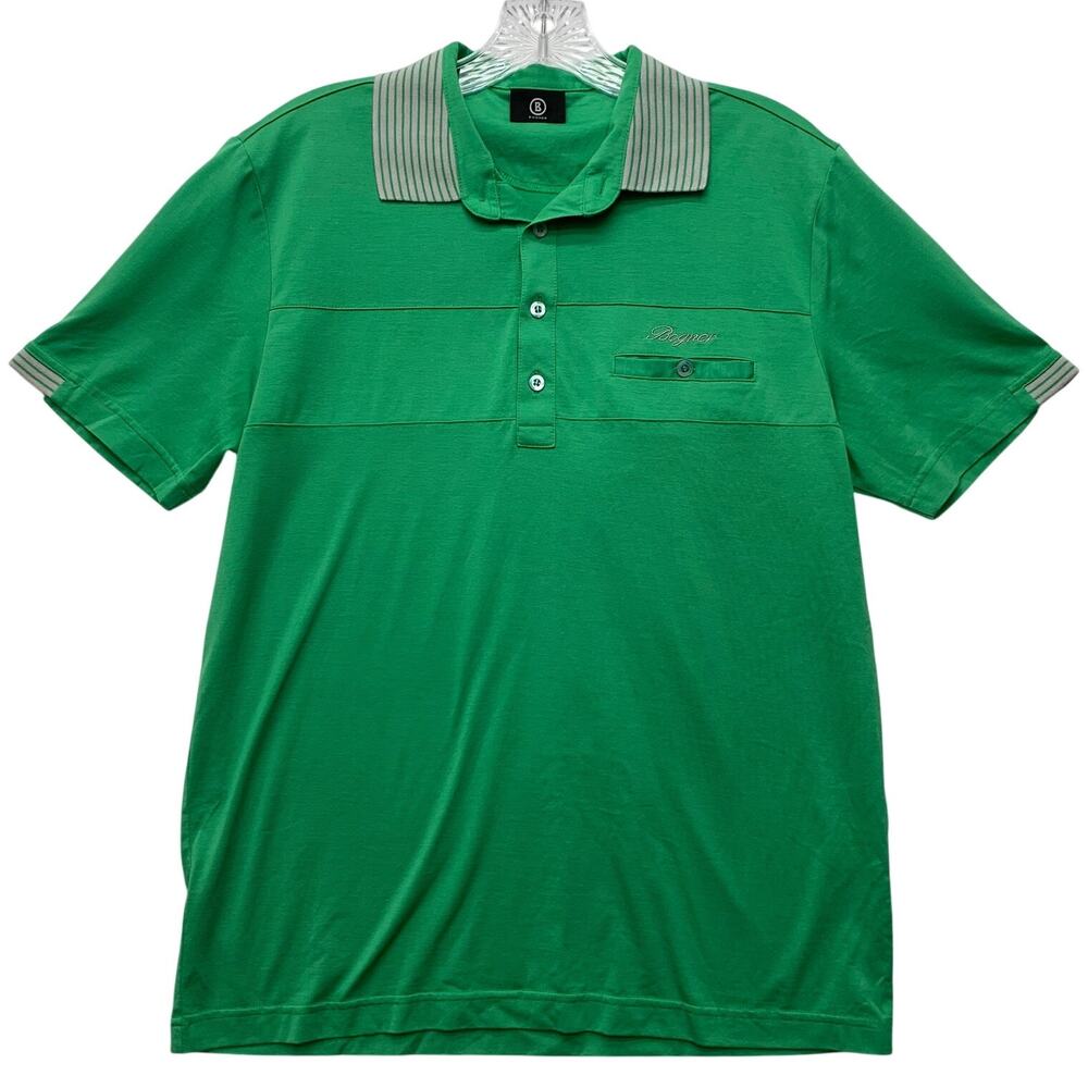 Bogner Mens Size 46S Large Short Green Gray Solid Stripe Short Sleeve Polo Shirt